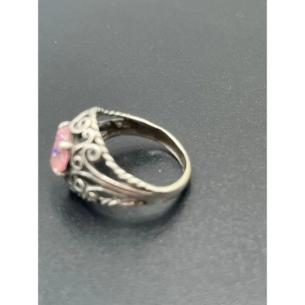 Sterling Silver Vintage Filigree Simulated Pink Sapphire‎ Solitaire Ring 5.25